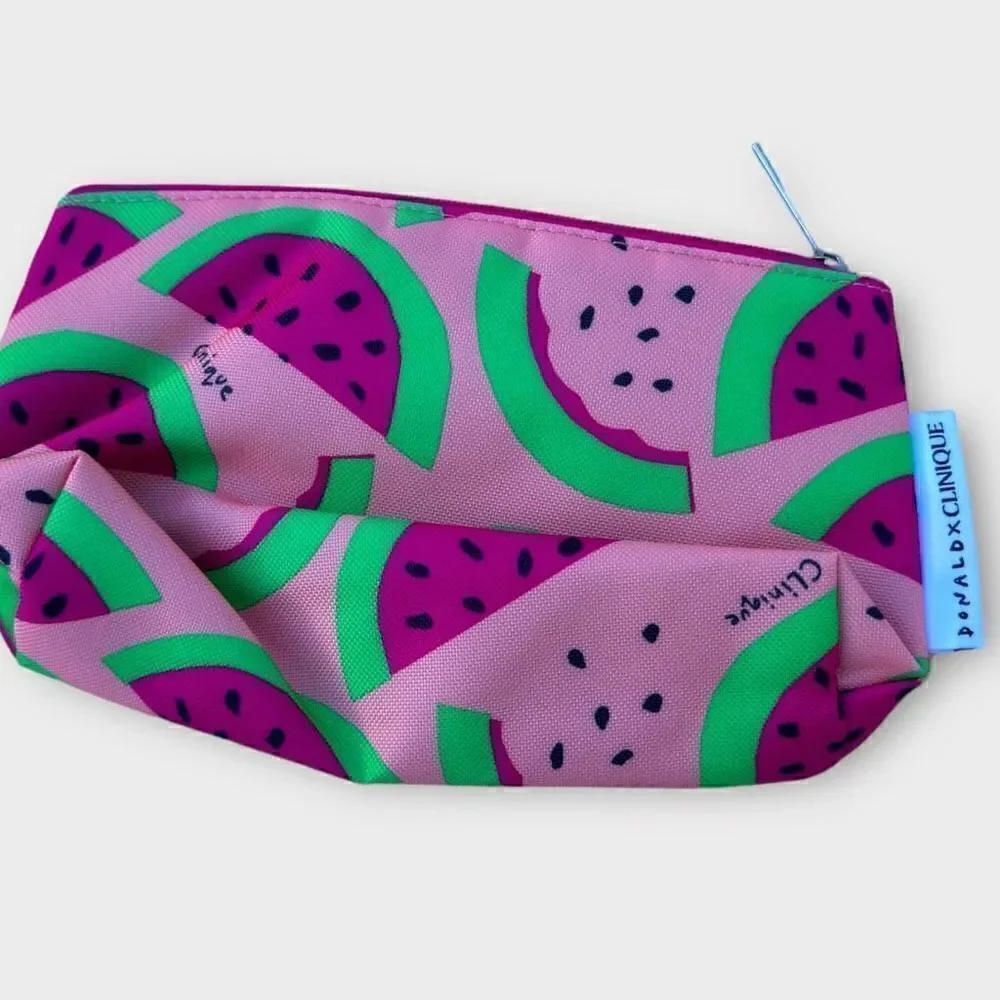 Clinique Makeup zip pouch watermelon print green interior red zipper